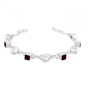 Sleek design freshwater pearl and garnet silver bracelet